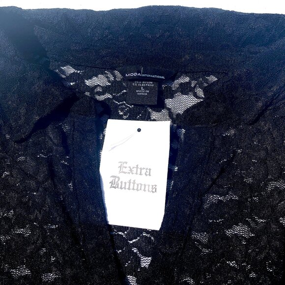 Women’s Moda International Sheer Black Lace Long Sleeve Button-Up Blouse Lg NWOT - Picture 8 of 8